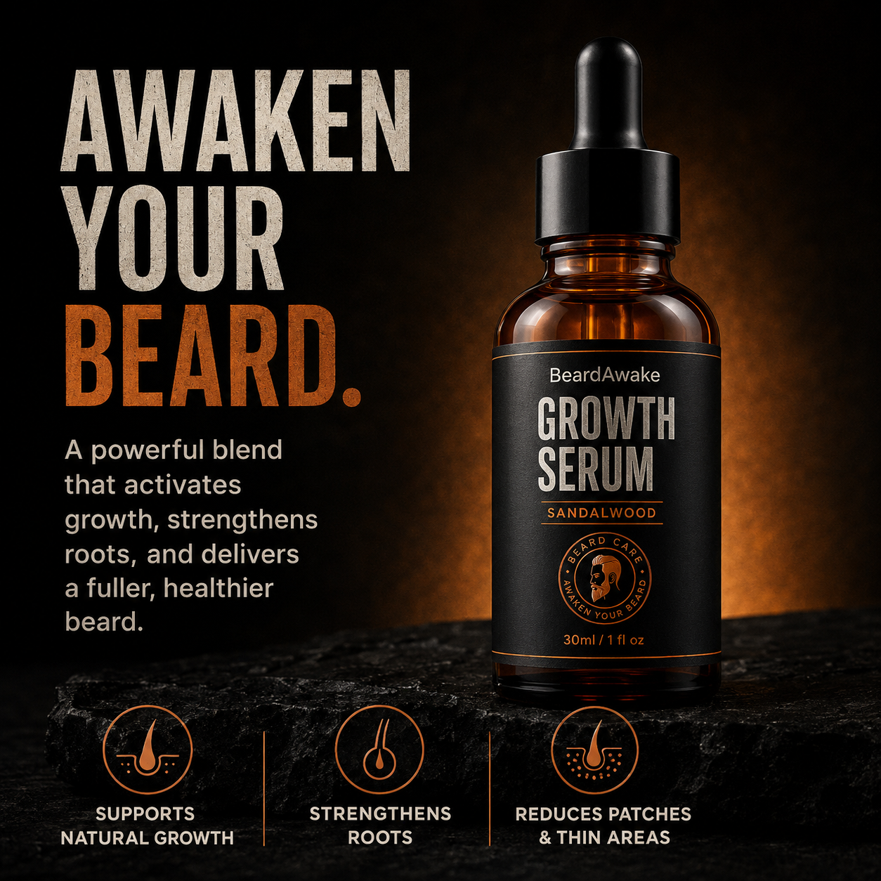 BeardAwake Growth Serum bottle on a dark background with Awaken Your Beard headline