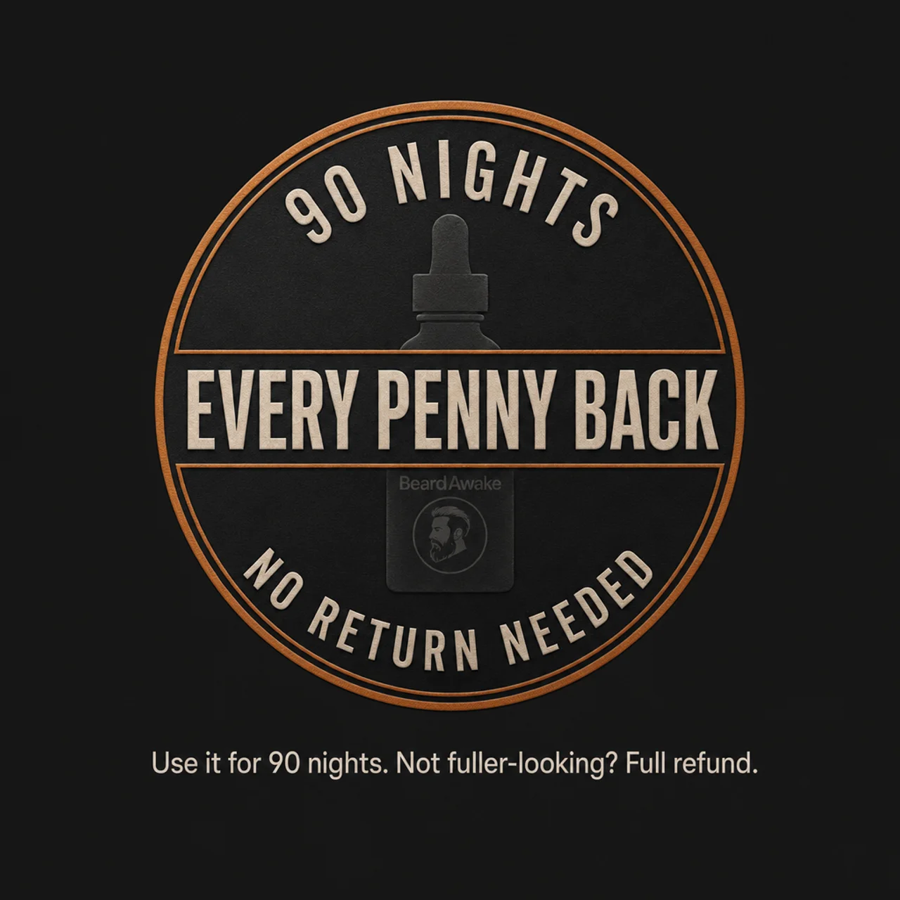90 Nights, Every Penny Back guarantee seal — no return needed. Use it for 90 nights. Not fuller-looking? Full refund.