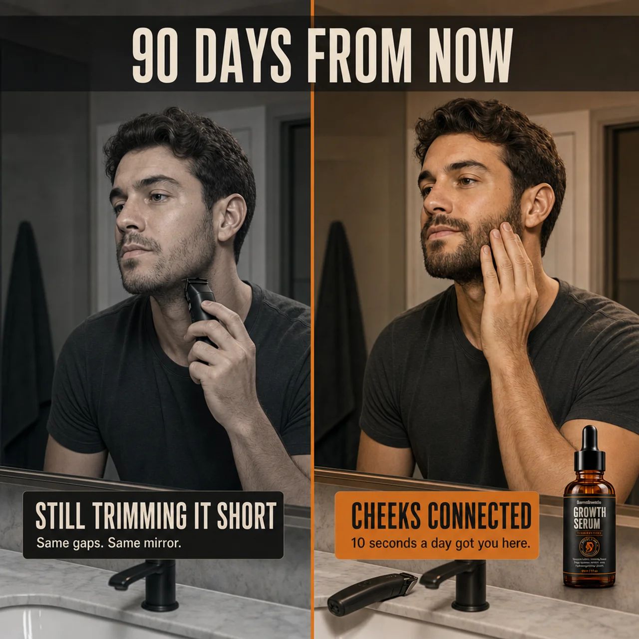 90 days from now — still trimming it short vs cheeks connected. Same man, two futures.