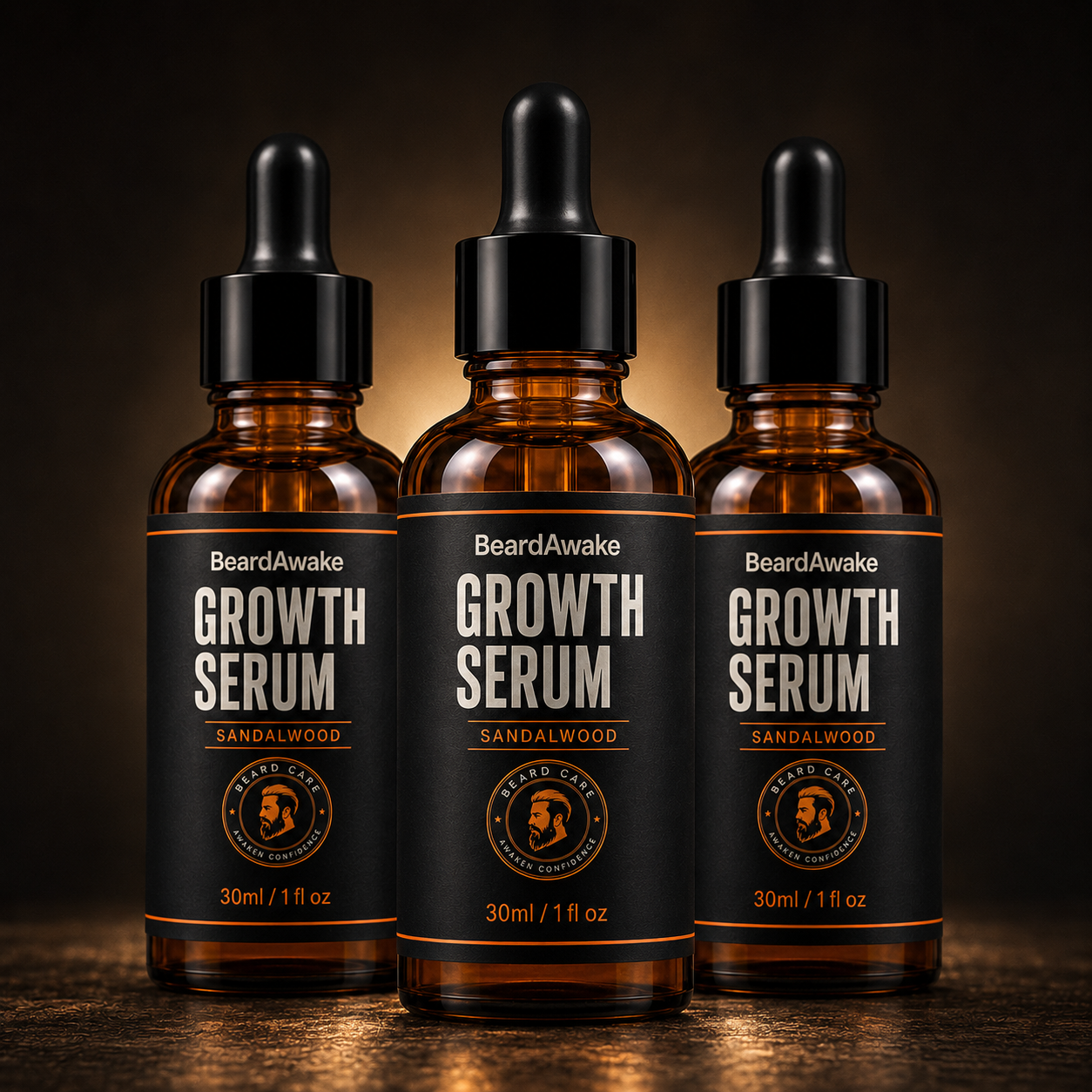 Three BeardAwake Growth Serum bottles