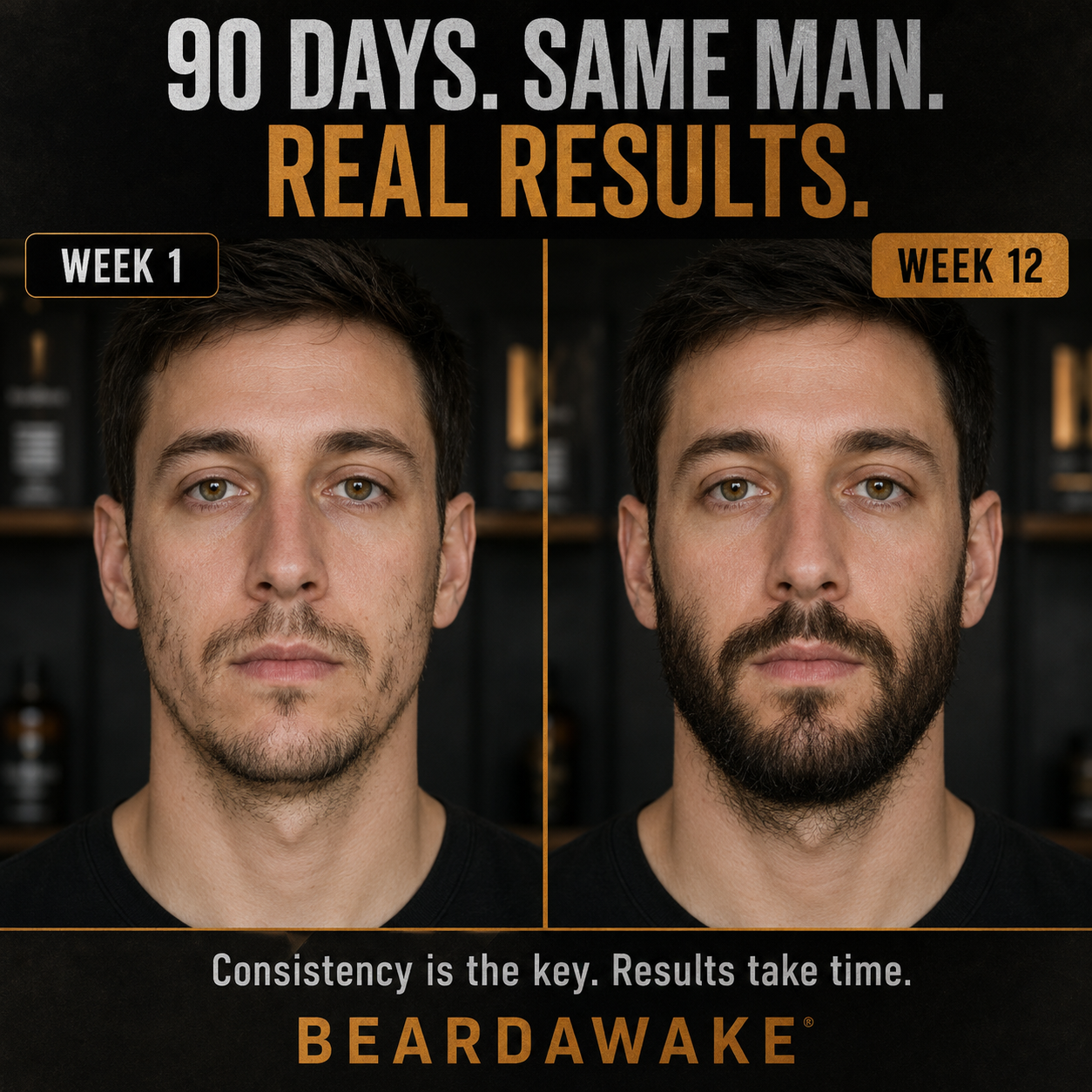 BeardAwake 90 day before and after - week 1 vs week 12, fuller cheeks