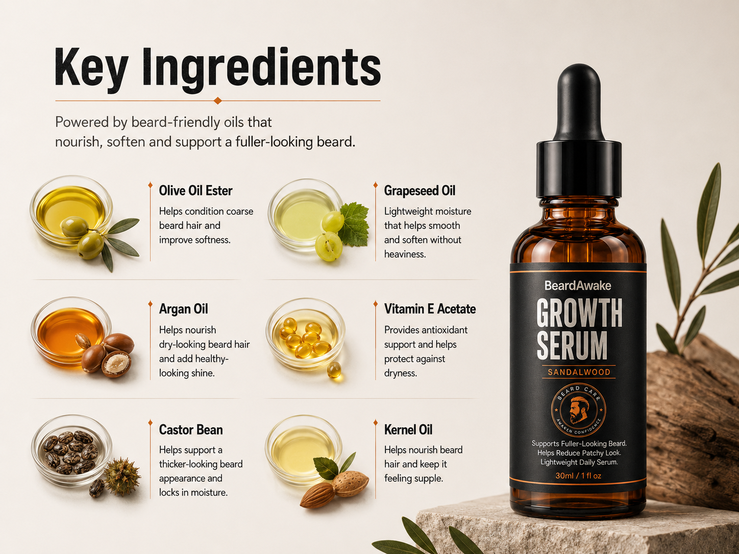BeardAwake Growth Serum key ingredients: olive oil ester, grapeseed oil, argan oil, vitamin E acetate, castor bean and kernel oil