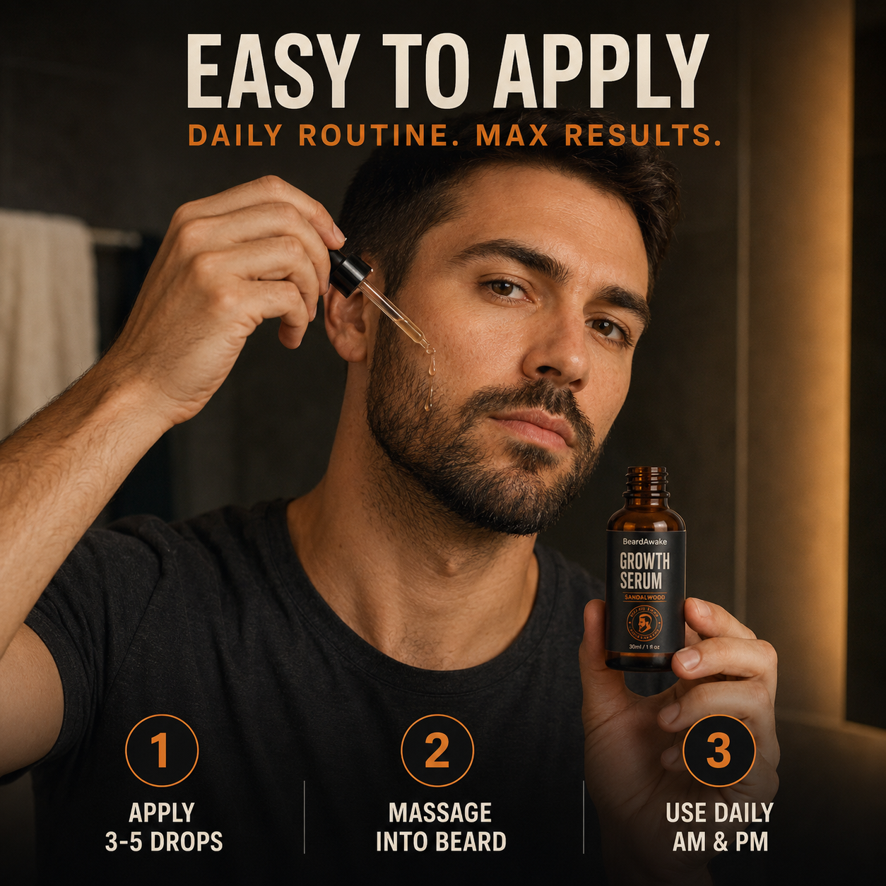 Applying BeardAwake Growth Serum with a dropper as part of the daily routine