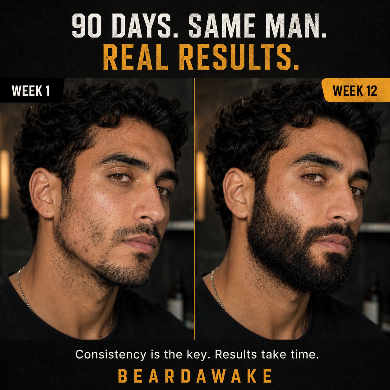BeardAwake 90 day before and after - patchy cheeks filled in by week 12