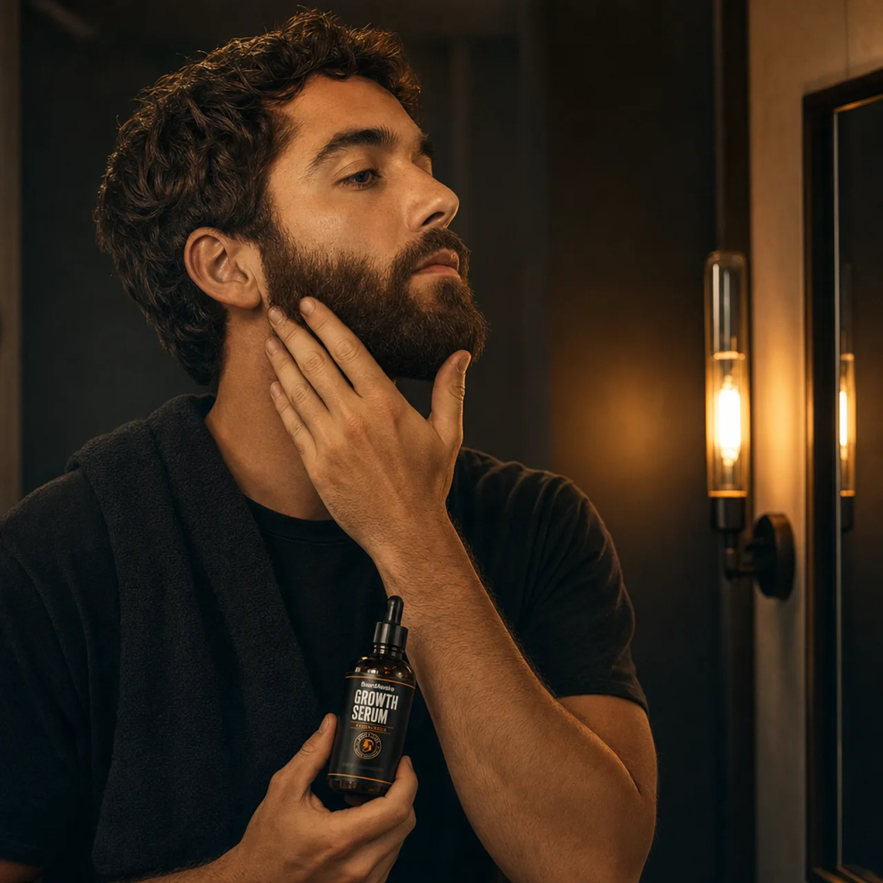 Man applying BeardAwake Growth Serum to his beard in the bathroom mirror