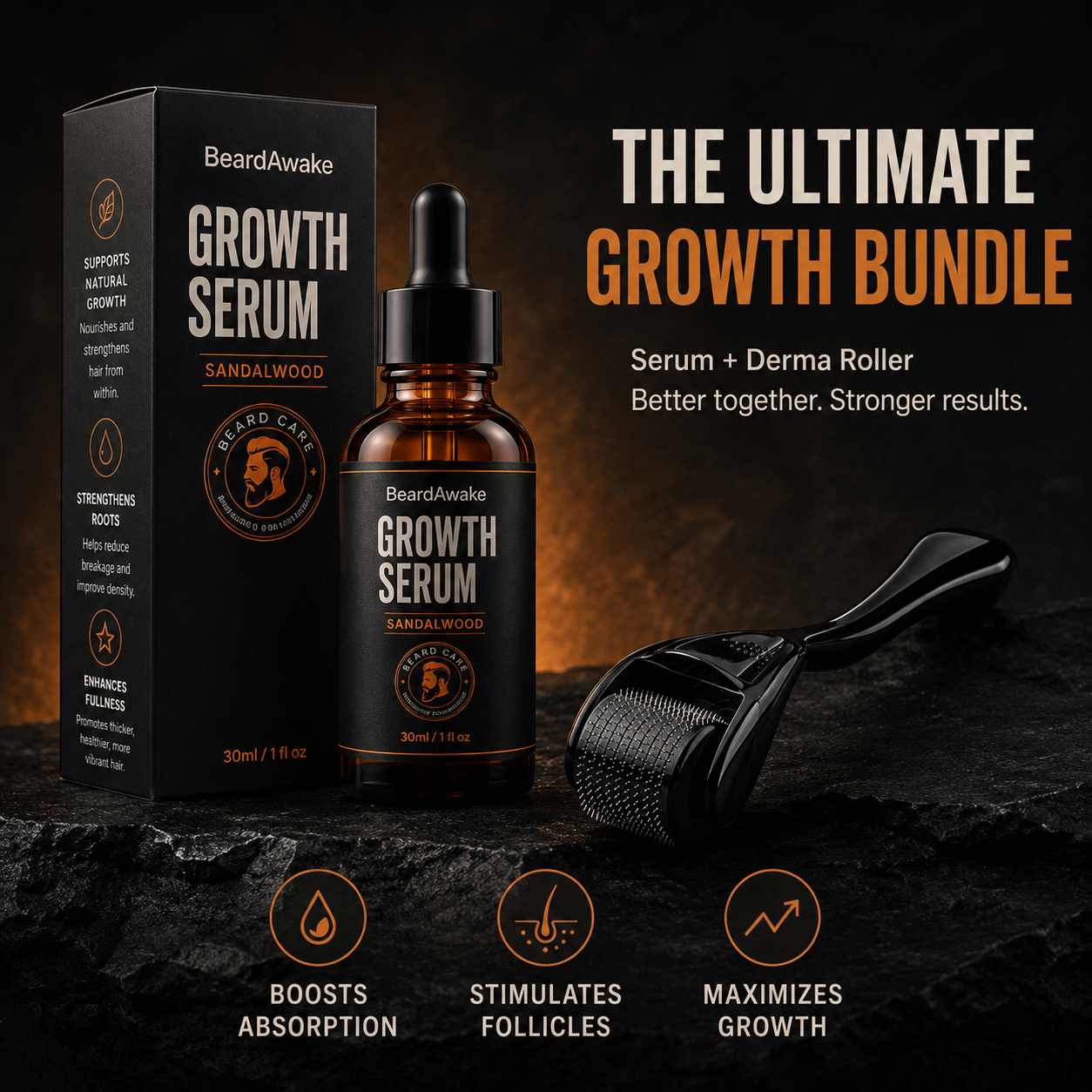 BeardAwake growth bundle with serum bottle, packaging, and derma roller